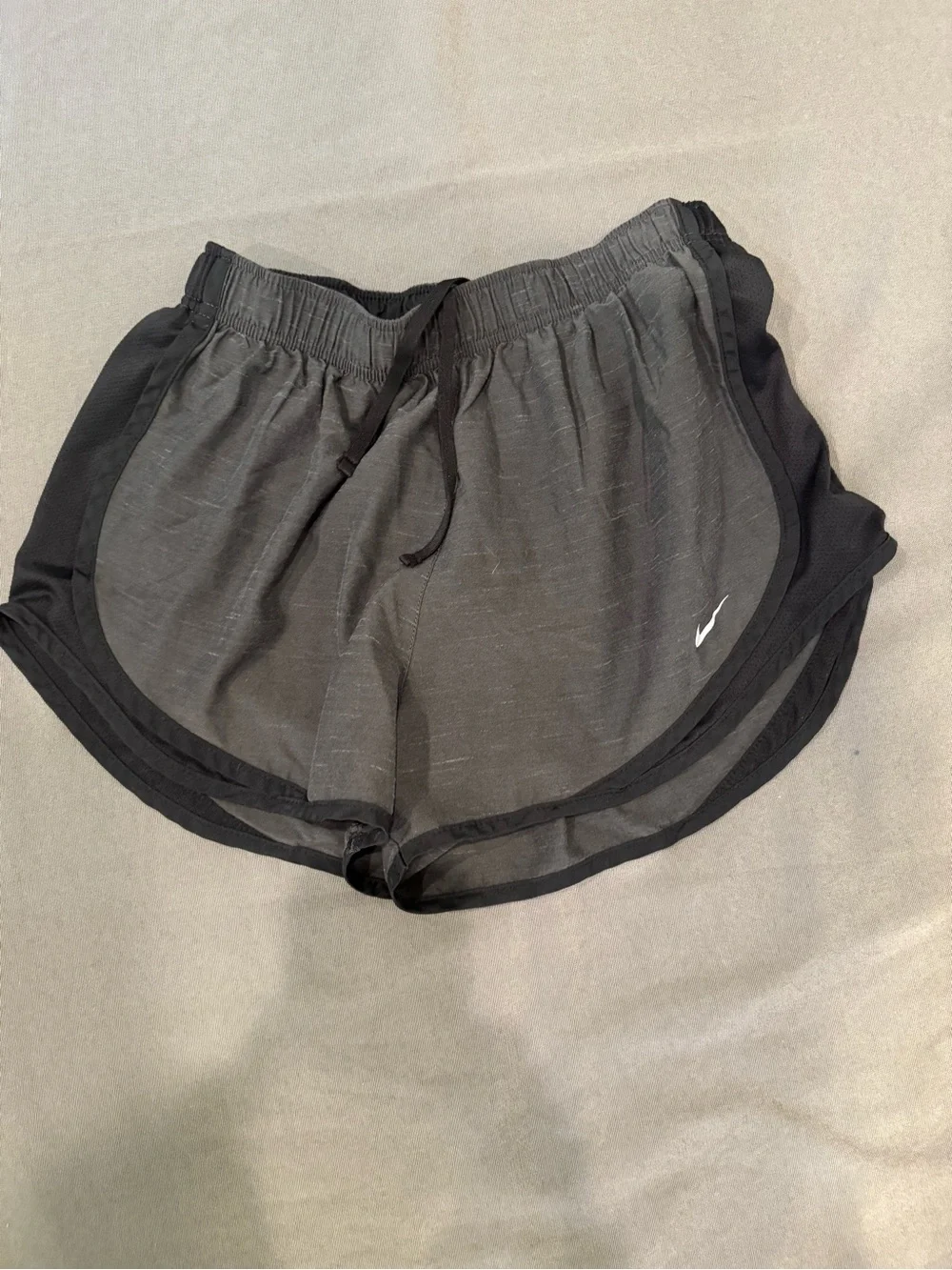 Nike Women's Gray and Black Athletic Running Shorts with Subtle Swoosh Active M